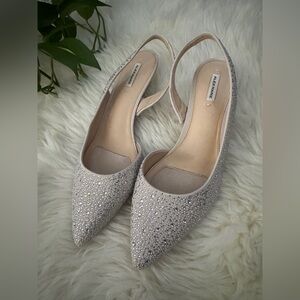 Alex Marie Crystal Embellished Pointed Slingback Flats in Light Silver